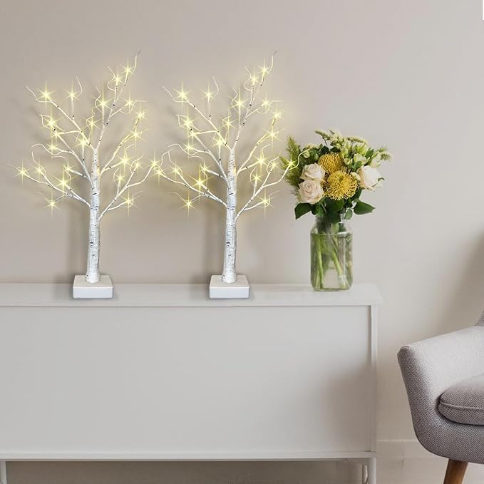 HipTree 2-Pack Lighted Valentines Day Easter Spring Christmas Tree Decorations Indoor, 2ft Birch Tree with LED Lights, Small Tabletop Patriotic Tree with Lights, Warm White Battery- Powered