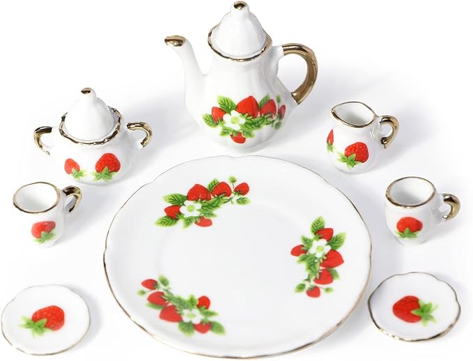 Cutemini 1:6 Scale Miniature Porcelain Dollhouse Tea Set 8PCS Flower Pattern Teapot Platter Dish Sets Dollhouse Kitchen Supplies Decoration (Strawberry)