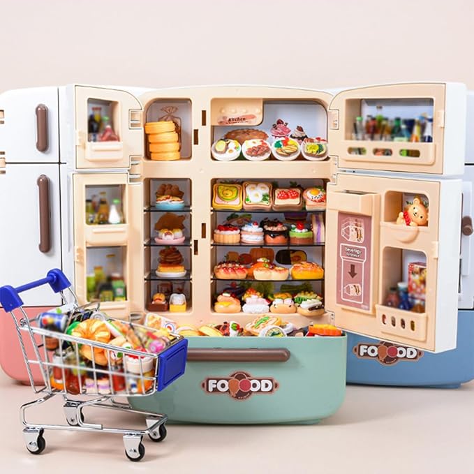 1/7 Scale Large-Size Realistic Double-Door Fridge Model, Miniature Kitchen Props, Pretend-Play Fridge Set (Sky Blue Refrigerator + 30 Food Items + 30 Drinks + Shopping Cart + 8 Ice Cubes/Light-Up)