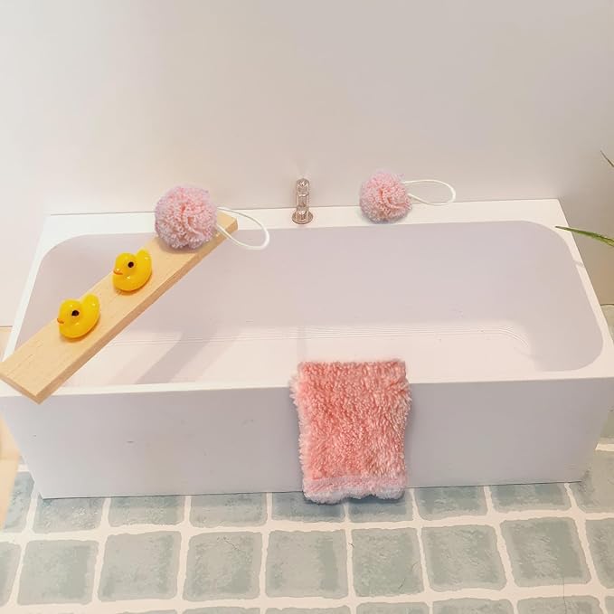Miniature Bathroom Decor Set, Dollhouse Miniatures Bath Ball, Towel, & Yellow Duck, 1/12 Scale Accessories (Pink)