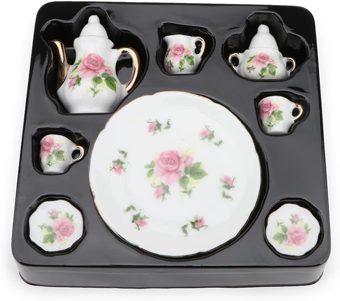 Dollhouse 1:6 Porcelain Tea Cup Sets 8 Pcs Set Miniature Ceramics Dollhouse Accessories Flower Pattern Teapot Platter Dish Sets Dollhouse Kitchen Supplies Decoration (Little Rose)