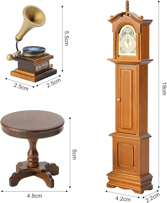Minamzee 1:12 Dollhouse Furniture Accessories Set, 3Pcs Victorian Miniature Grandfather Clock, Vintage Phonograph, Round Side Table Mini House Decoration for Living Room, Bedroom, Kitchen,Home Office