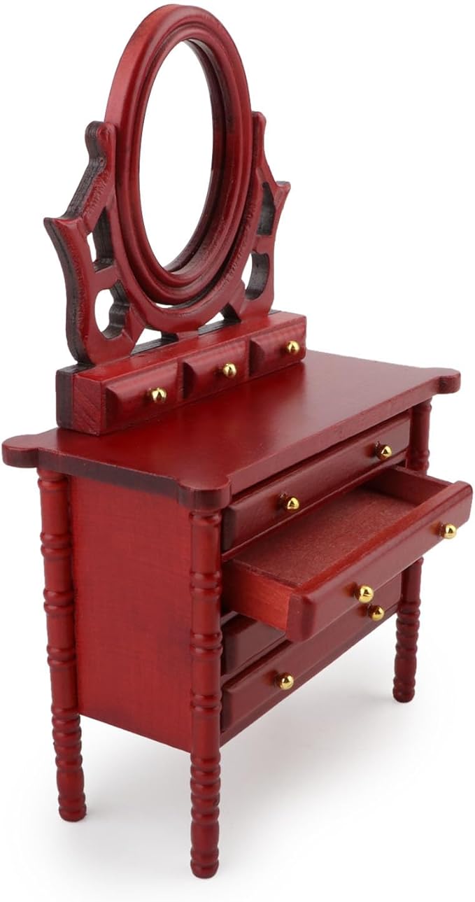 Dollhouse Furniture Dressing Table Miniature Vanity Set with Drawers No Deformation Handy Mini Dressing Table (Red)