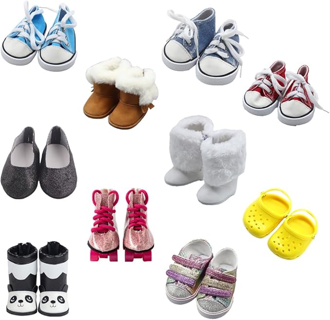 10 Pairs of 18-Inch Doll Shoes, BOSOIRSOU 2.75in Boots, Dance Shoes, Sandals, Casual Shoes, Canvas Shoes for 18" Doll Accessories