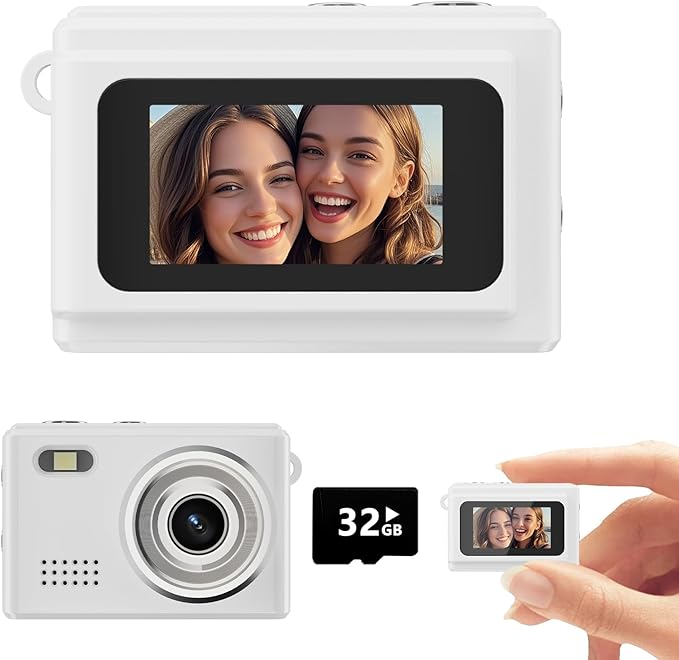 Gift for Teen Boys & Girls - Mini Keychain Camera, 1080P Portable Digital Camera with 0.96" Screen, Includes 32GB Card for 12MP Photo Video, Birthday Graduation Travel (White)