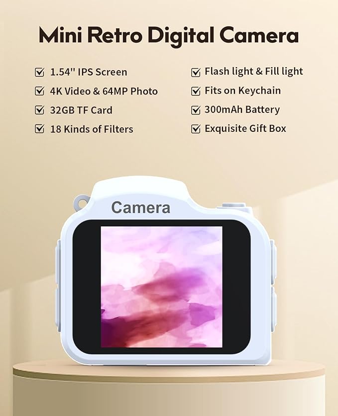 FLATIC Mini Keychain Camera –4K Digital Tiny Camera with 32GB Card & Elegant Gift Box, Fun Pocket-Sized Gadget for Kids & Adults, Collectible Gift for Travel, Birthdays & Stocking Stuffers (White)