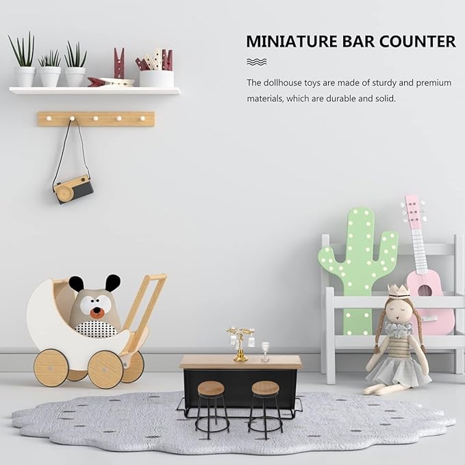 Wooden Mini House Bar Furniture: Miniature Bar Counter Chair Miniature Pub Wine Bottle Photography Layout Props Desktop Decor for Mini House DIY Pubs 8pcs
