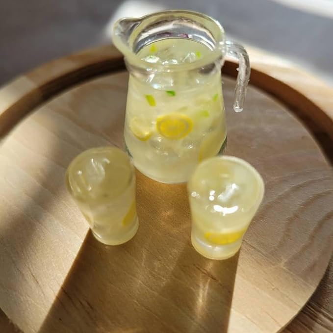 3pcs Miniature Lemonade Pitcher Set, Dollhouse Glasses Bottle Lemonade, Mini Lemon Fruit Ice Tea, for Dollhouse Miniature Kitchen, Fairy Garden, Diorama