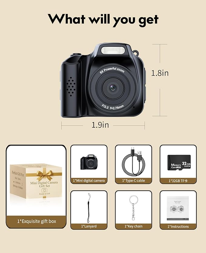 FLATIC Mini Keychain Camera –4K Digital Tiny Camera with 32GB Card & Elegant Gift Box, Fun Pocket-Sized Gadget for Kids & Adults, Collectible Gift for Travel, Birthdays & Stocking Stuffers, Black