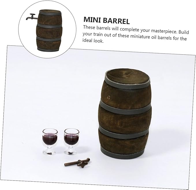 KONTONTY Mini Wooden Beer Barrel with Faucet Miniature Fairy Garden Decor Vintage Small Wine Container Dollhouse Accessories for Creative Home Model Display