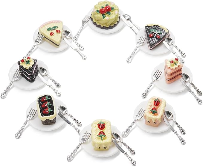 Odoria Dollhouse Cake Dessert Miniature: 40Pcs 1/12 Scale Bakery Pastries with Plates Silverware for Tea Party Picnic - Mini Realistic Baking Food Resin - Tiny Kitchen Tableware Cutlery