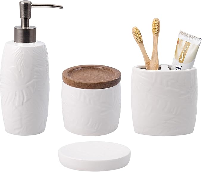 Bathroom Accessories Set,Leaf Design Bathroom Accessory Set,4 PCS Ceramic Gift Set Apartment Necessities, Contain Cotton Swab Jar,Soap Dispenser,Soap Dish,Tumbler White