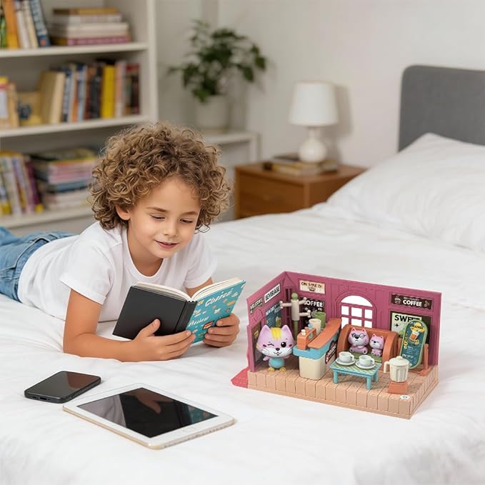 Koko's Cat Town DIY Miniature House Kit,Tiny House Cafes Building Kit,Dollhouse for 3 and up, Dollhouse Building Kit with Cats,Cat Toys Gift for Teens Kids Ages 3+