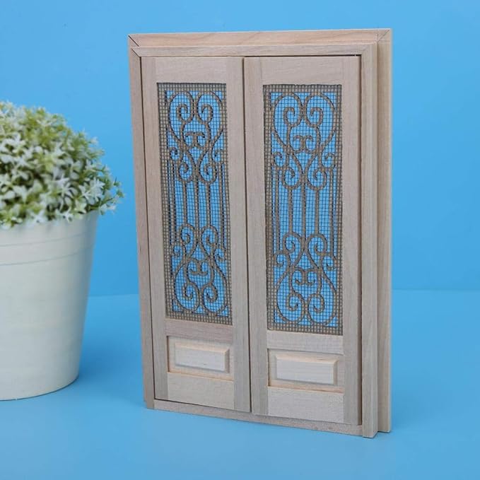 Doll Door, 1:12 Dollhouse Furniture Miniature DIY Hollow Wooden Door Set Wood Exterior Door Excellent Furniture Model