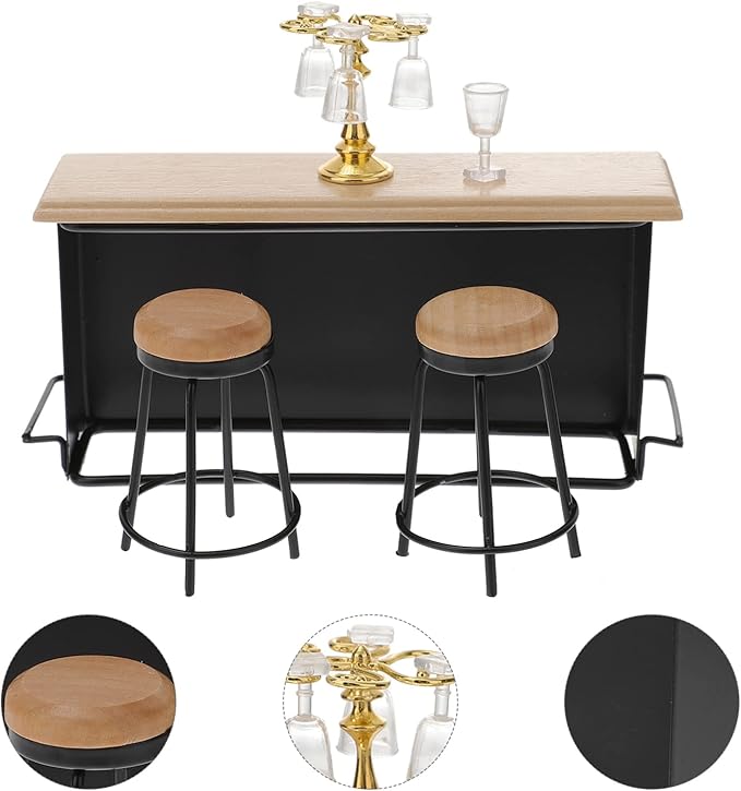 Wooden Mini House Bar Furniture: Miniature Bar Counter Chair Miniature Pub Wine Bottle Photography Layout Props Desktop Decor for Mini House DIY Pubs 8pcs