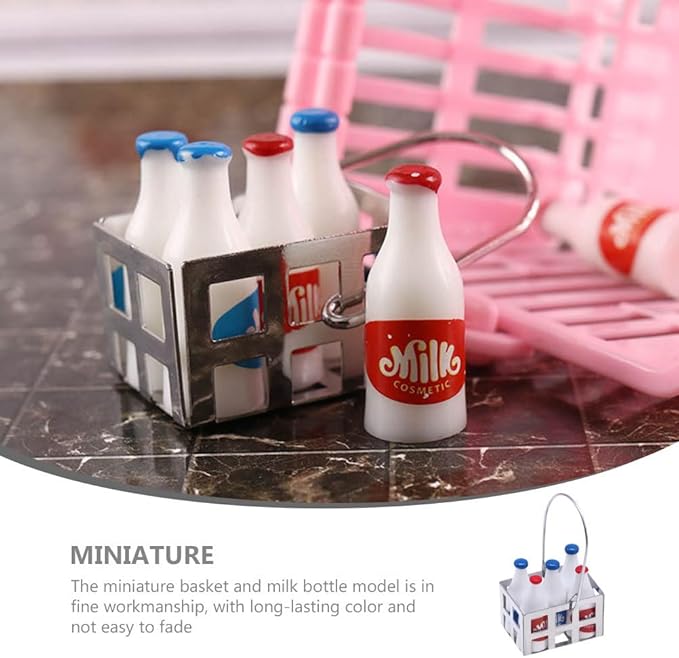Amosfun Mini Milk Bottles Dollhouse Decoration Set 1:12 Scale Miniature Food Play Scene Layout Decoration - 5pcs Bottles and 1pcs Basket