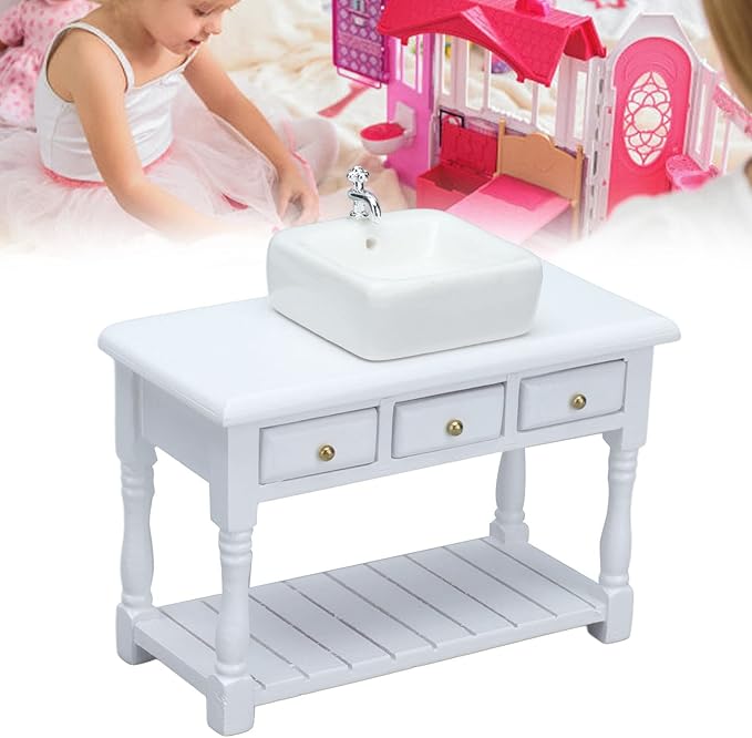 NOENNULL Dollhouse Bathroom Set 1:12 Scale Miniature - White Porcelain Sink Vanity with Mirror, Toilet & Bathtub Accessories for Doll House, DIY Crafts, Model Home
