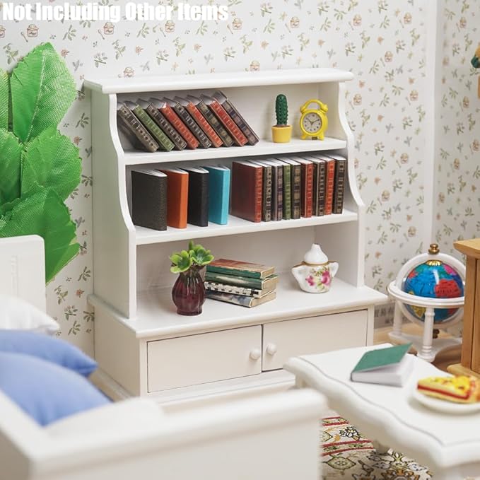 Odoria Dollhouse Bookcase Shelf Miniature: 1/12 Scale Bookshelf Storage for Living Room Antique Retro - Mini Library Wall Display Cabinet - Tiny Wood Furniture Vintage White