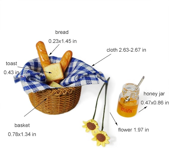 Miniature Food Dollhouse Accessories Garden Decor 1:12 Scale Bread Honey Picnic Basket Cloth Flowers 9PCS Garden Decoration Mini Room Display Props Model (Blue Picnic Cloth)