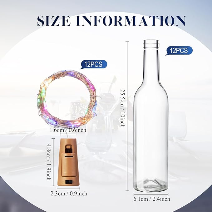 Rtteri 12 Sets Small Empty Wine Bottles with Cork Lights Centerpiece and 30 LED Battery Operated Cork Lights for Birthday Wedding Party Decoration(375 ml,Colorful)