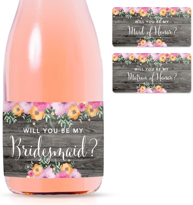 Andaz Press Mini Champagne Wine Bottle Proposal Labels, Will You Be My Bridesmaid? Matron Maid of Honor?, Rustic Gray Wood Floral Flowers, 20-Pack, Favor Gift Labels