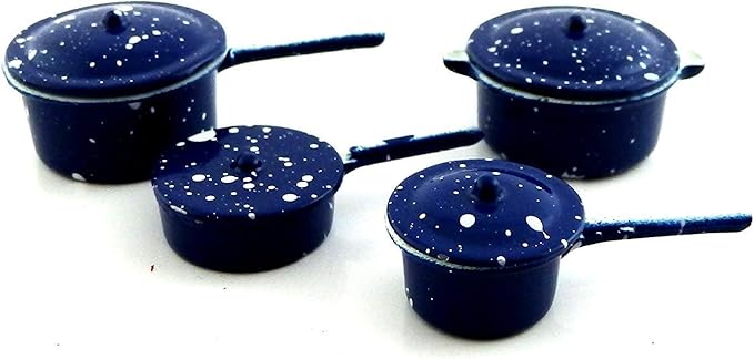 Town Square Miniatures Dolls House Kitchen Accessory Blue Saucepan Pan Set