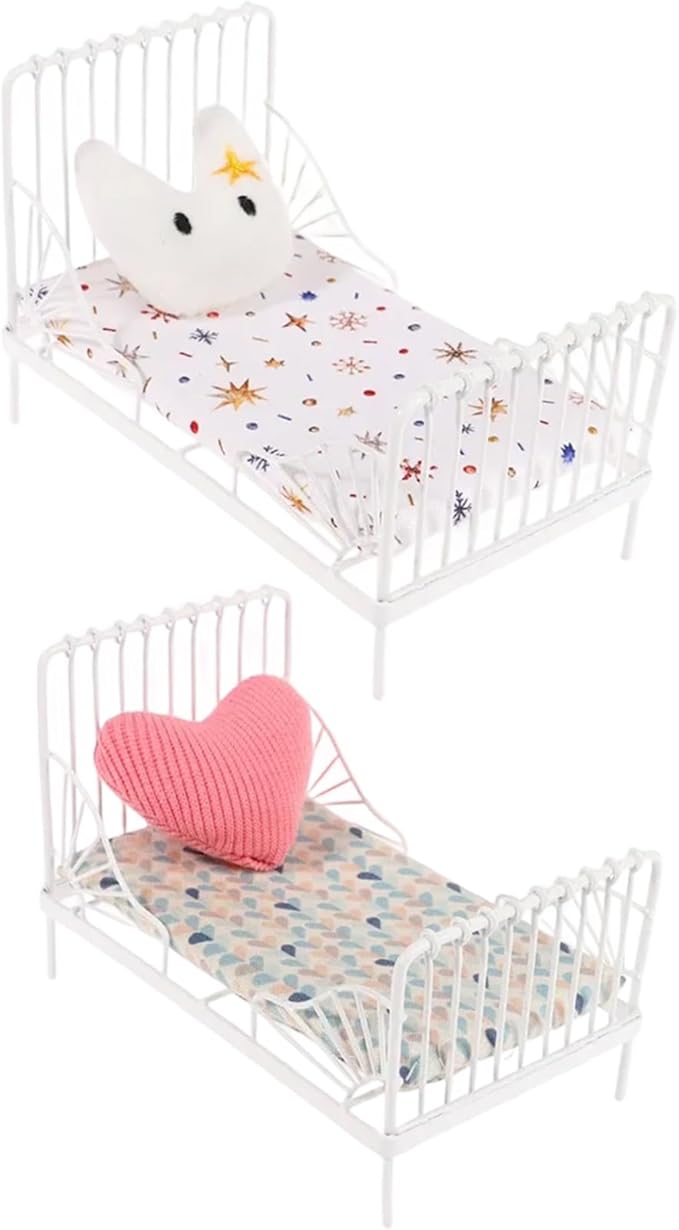 Star Pattern Dollhouse Bed 1:12 Scale, Metal Miniature Furniture with Pillow, Dollhouse Bedroom Accessory Set