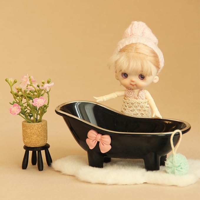 Minamzee Dollhouse Bathtub, 1:12 White Miniature Bathtub with Blue Bath Ball and Carpet, Dollhouse Bathroom Furniture for Home Decor Accessory