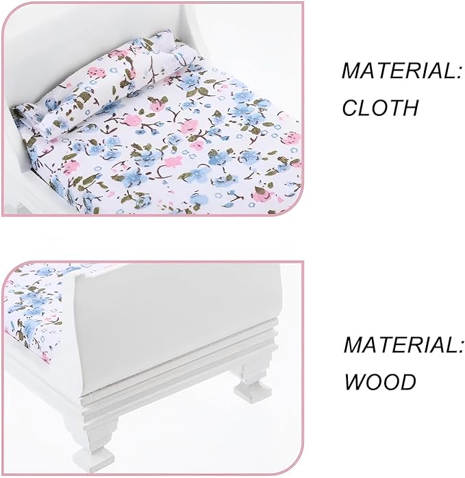 1/12 Dollhouse Bed Miniature Single Bed Vintage Woode Mini Bed for for 6 inch Dolls Dollhouse Bedroom Furniture with Bedding Fabric (White)