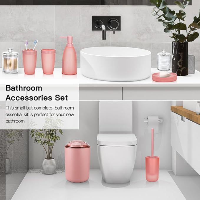 OTOSTAR Bathroom Accessory Set 8 Pcs Pink Bathroom Accessories Set Bathroom Set with Trash Can Soap Dispenser Toothbrush Holder Tumbler Soap Dish Toilet Brush Holder Qtip Holder (Pink)