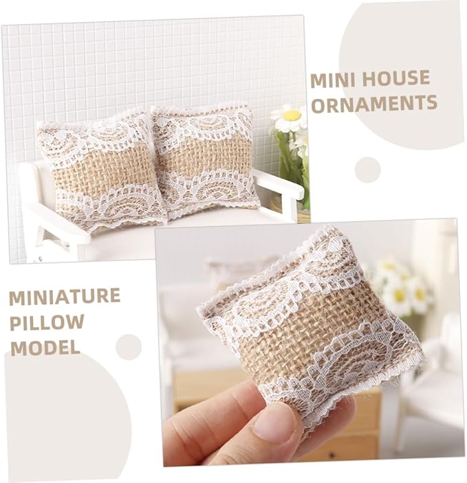 Yardwe 4Pcs Adorable Miniature Dollhouse Pillows with Flower Printing Lace Pillow Model for Vintage Dollhouse Accessories and Home Decor for Mini House Ornaments and Photo