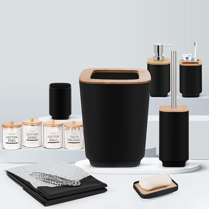 IMAVO Bathroom Accessories Set,Black Bathroom Set,11 Pieces Bathroom Accessory Set,Trash Can for Bathroom Accessories Décor and Housewarming Gifts
