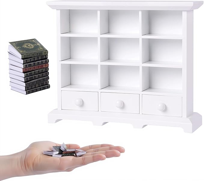 BABESIDE 1:12 Dollhouse Mini Bookshelf with 9 Mini Books – Wooden Dollhouse Furniture Accessories for Kids, Baby Doll Accessories Gift for Girls Age 3+