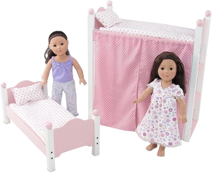 Emily Rose 18 Inch Doll Pink Loft Bunk Bed with Storage Shelves, Bins, and Ladder - Wooden Dollhouse Furniture with 2 Bedding Sets - Compatible with American Girl, Our Generation & My Life As Dolls