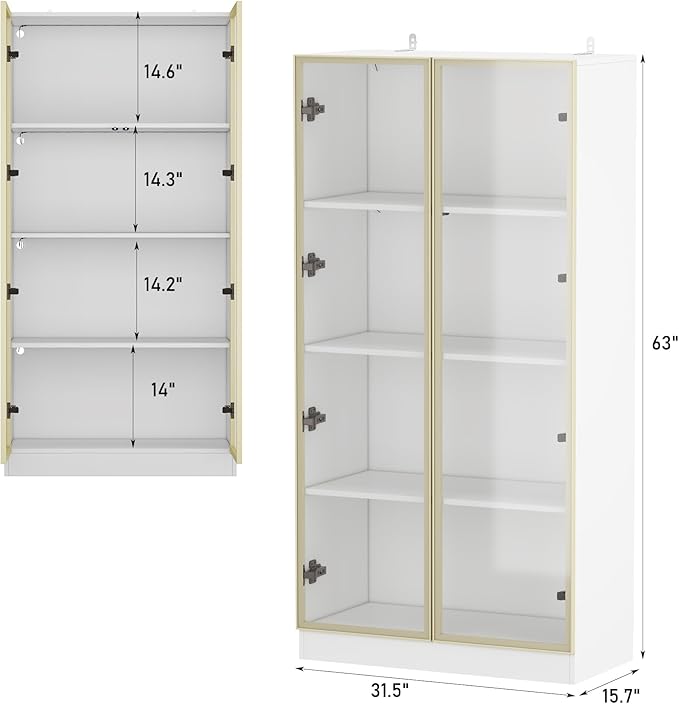 FAMAPY Display Cabinet with Glass Doors and Lights, Glass Display Cabinet with 4-Tier Storage Shelves, Pop-up Design, Trophy Case White and Champagne Gold (31.5”W x 15.7”D x 63”H)