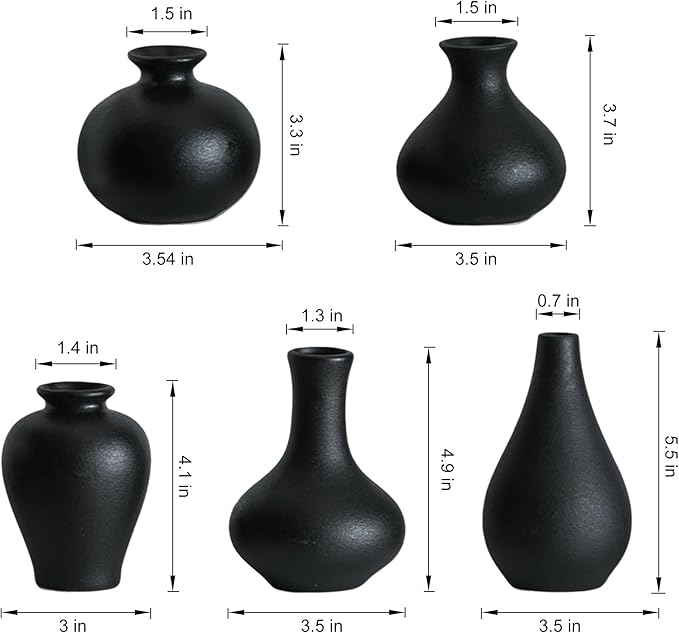 Small Black Vases, Ceramic Bud Vase Set of 5, Mini Pottery Vases for Pampas Grass, Flowers, Decorative Vases for Home Modern Decor, Rustic Decor, Veses for Living Room Dining Table Shelves