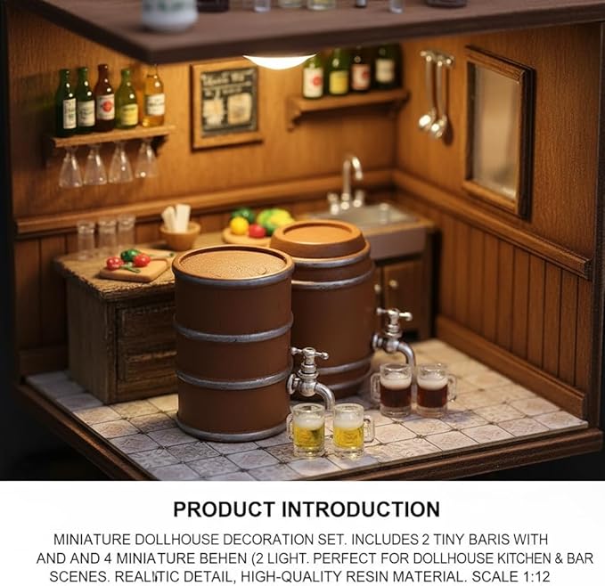 Miniature Beer and Wine Barrel Set with Mugs, Brown Wooden Style Kegs, 1:12 Scale Dollhouse Accessories, 6 Piece Collection
