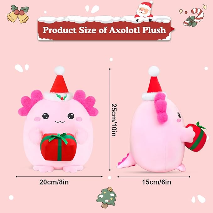 Christmas Axolotl Plush, Cute Axolotl Holding Gift Stuffed Animals Christmas Day Decor Party Favors for Girls and Boys(Pink)