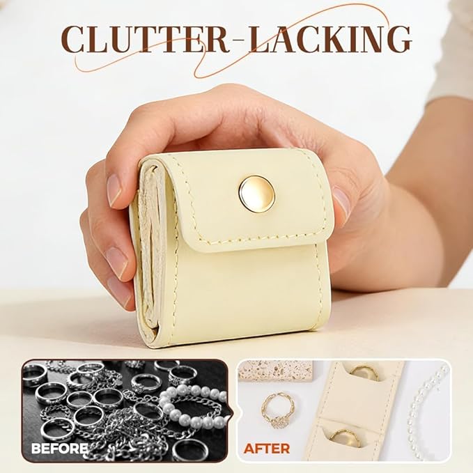 Leather Mini Travel Jewelry Bag, Portable Foldable Mini Travel Jewelry Roll Bag with Buckle, Small Jewelry Box for Travel Essentials, Earrings, Rings, Necklaces (3, White)