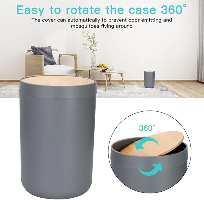 OTOSTAR Bathroom Accessory Set 8 Pieces Bathroom Accessories Set Bamboo Gift Bathroom Set with Trash Can Toothbrush Holder Soap Dispenser Soap and Lotion Set Tumbler Cup 2 Qtip Holder Jars (Grey)