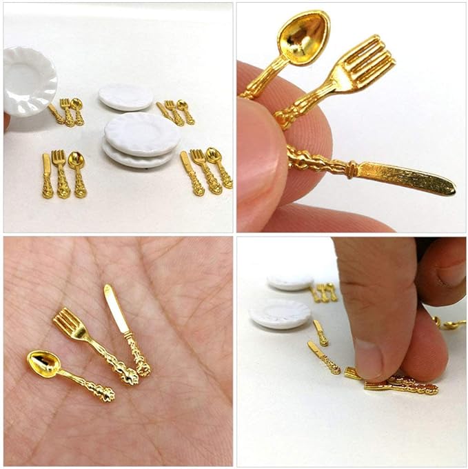 Kisangel Miniature Dollhouse Tableware Ornament 36Pcs Alloy Micro Cutlery Set Decorative Mini Dinner Accessories for Fairy House Display