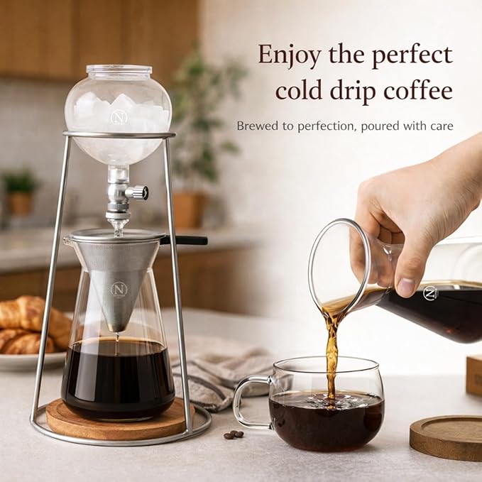 Nispira Iced Coffee Cold Brew Drip Coffee Maker Stainless Steal, 400mL, Borosilicate Glass