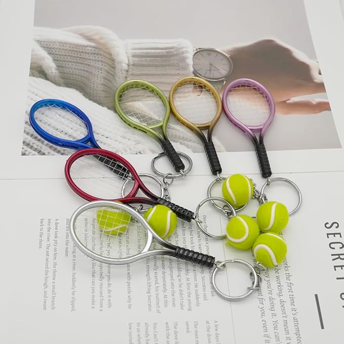 Moydolo Cute Mini Tennis Racket Keychain with Ball, Tennis Sport Lover Gifts Key Chain Ring
