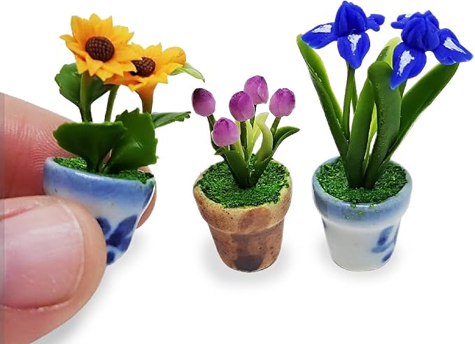 WitnyStore Tiny 1½" High 3 Pieces Set Sunflower Tulip Iris - Hand Made Artificial Flowers Colorful Miniature Realistic Modelling Clay Flower Plants in Pots Blooming House Plant Home Indoor Decoration