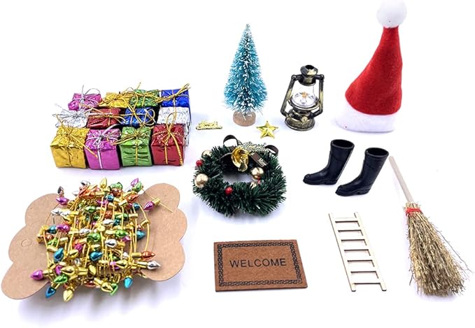 HKLMRO 22Pcs Doll House Christmas Decoration Fake Light String Hat Wreath Mini Tree Gift Boxes Dollhouse 1:12 Toyhouse Miniature Model Pretend DIY Fairy Figurines Garden Hanging Ornaments Party