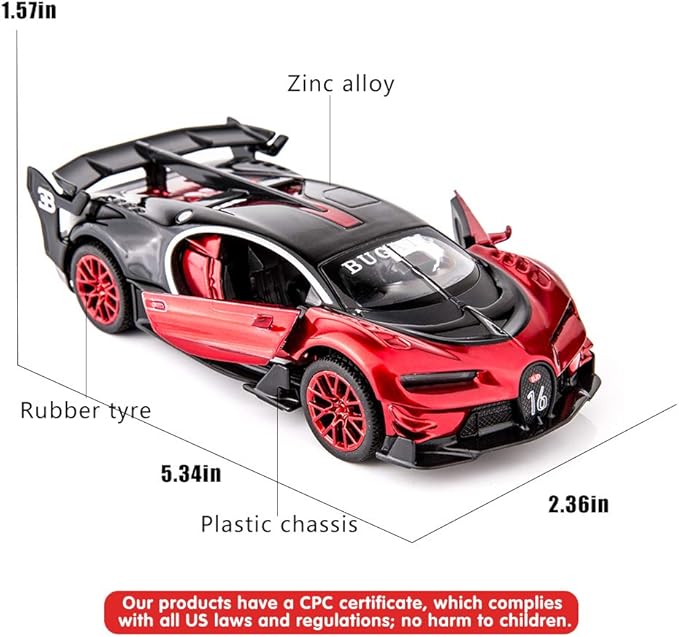 BDTCTK Bugatti Vision GT Supercar 1/32 Zinc Alloy Die Casting Pull Back Car Model Toy Sound and Light for Boy Girl Gift （red）