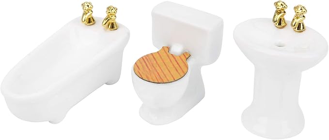 1/24 Dollhouse Miniature Bathroom Set Simulation Ceramic Bathtub Toilet Sink Kit Dollhouse Bathroom Set Melody Jane Dolls Houses Doll House Toilet Bathtub Furni (Pure White)