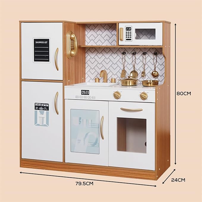 Wooden Play Kitchen Toy Set with Light, Kids Children Pretend Toy Kitchen Playset, Sink Play Toy Oven with Microwave,Toddler Cooking Set Toy for Ages 3+