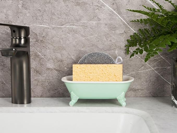 NEWHENGS 6.5" Ceramic Mini Decorative Clawfoot Bathtub Bar Soap Dish, Kitchen Sponge Holder and Shower Tray for Bathroom, 1 Pack(Bright Teal)