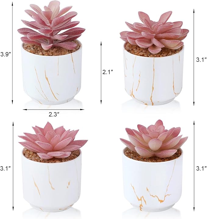 ZENIDA Succulent Artificial Plants,Cute Fake Succulents in 4 White Ceramic Pots,Small Fake Plants for Office,Table,Desk,Bathroom, Bedroom,Aesthetic Room Shelves Decor,Desk Decorations for Women Office
